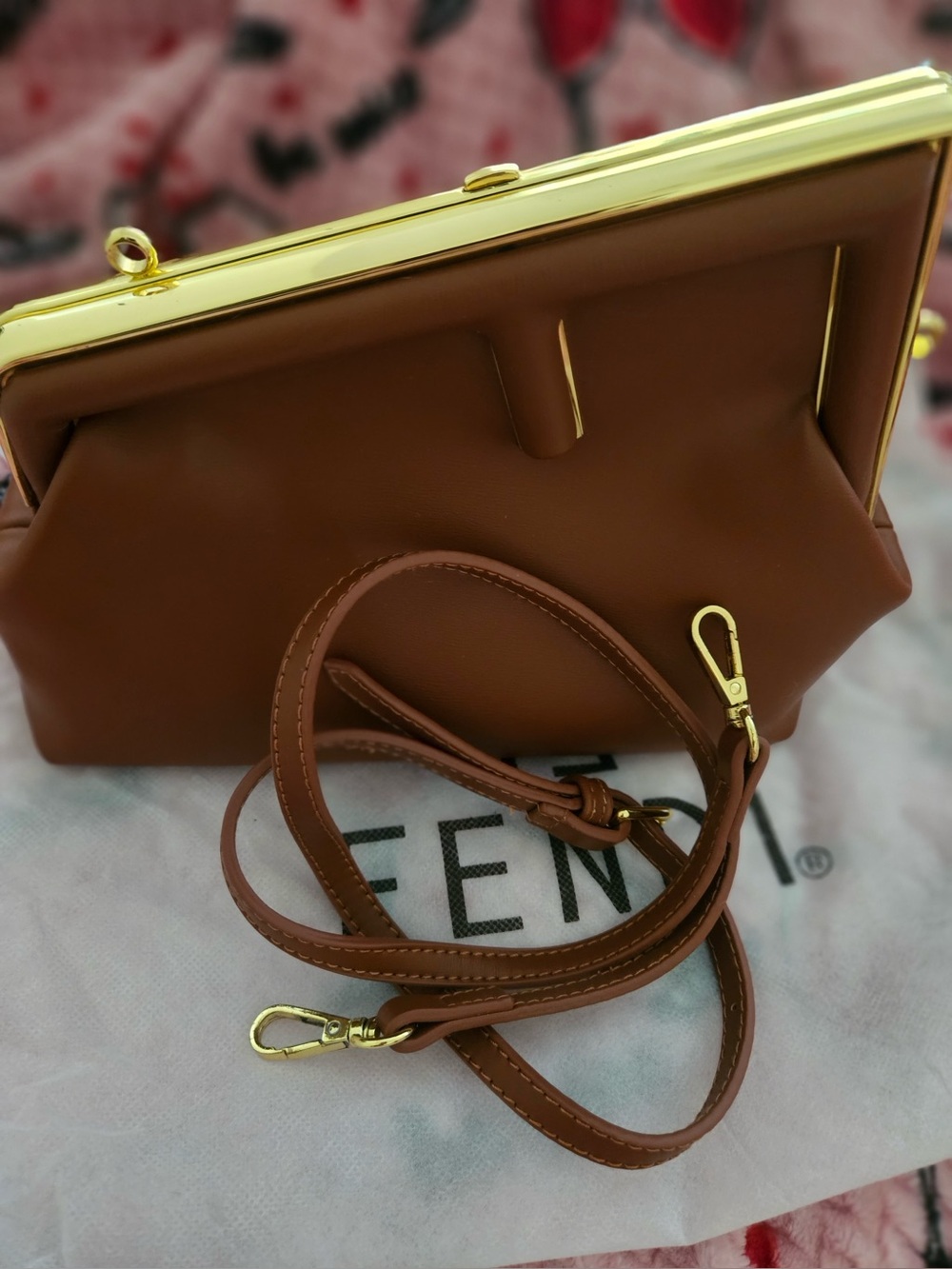 Brown Leather Frame-Top Crossbody Bag with Gold Hardware